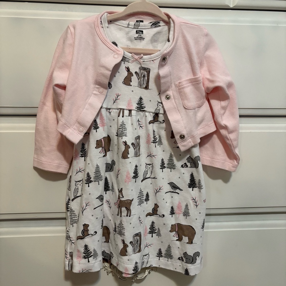 Pink Cardigan and Animal Print Dress Set